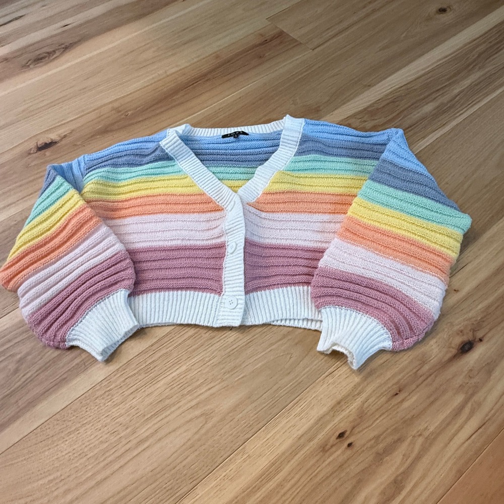 FORE Cropped Rainbow Cardigan Women L Multicolor Striped Balloon Sleeve Sweater
